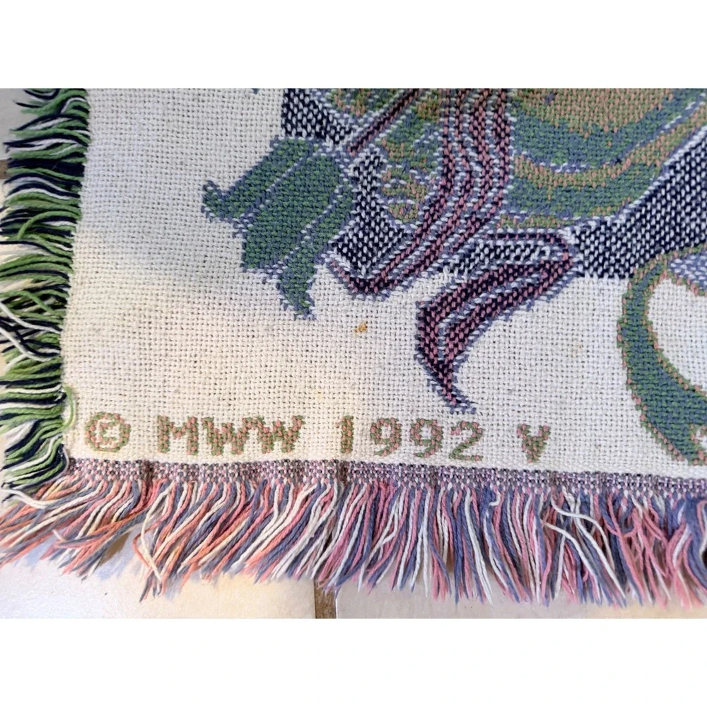 Vintage Rabbit Bunny Tapestry Throw Blanket Afghan Floral Cottage 68x47 1990s